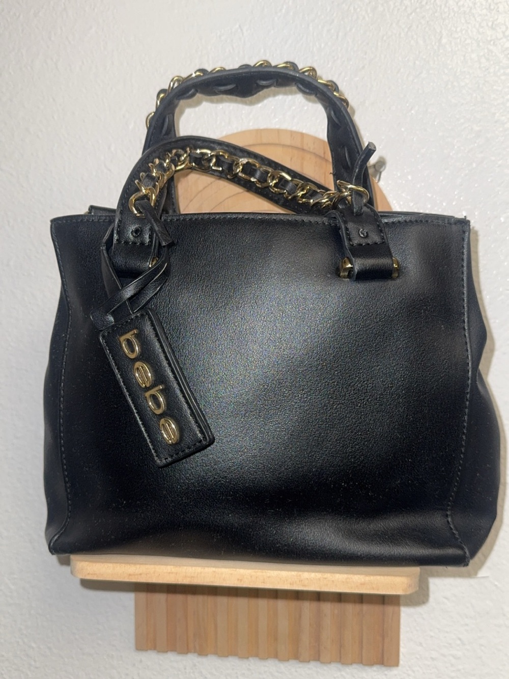 bebe Black Leather Satchel with Gold Chain Accents